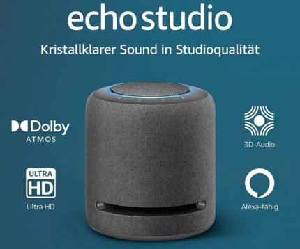 Der Echo Studio bietet Dolby Atmos, einen Subwoofer mit 220 Watt, sowie einen Hochtöner und drei 2-Zoll-Mitteltöner.