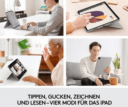 Die Tastatur-Hülle für das iPad bietet vier Verwendungsmodi.