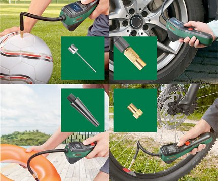 Die multifunktionale elektrische Luftpumpe wird mit mehreren Adaptern für Bälle, Autoreifen etc. geliefert.