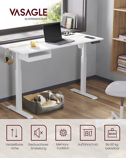 Der höhenverstellbare Schreibtisch bietet neben Memory-Funktion sowie Schublade auch bequem zu erreichende Netz- und USB-Buchsen.