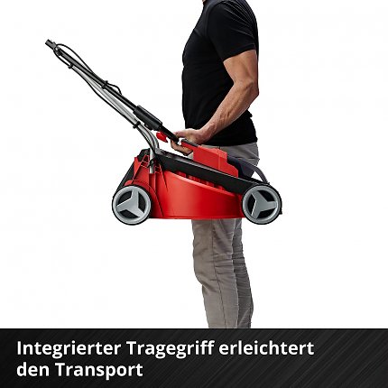 Mit seinem Tragegriff lässt sich der Akku-Rasenmäher von Einhell ganz einfach transportieren.
