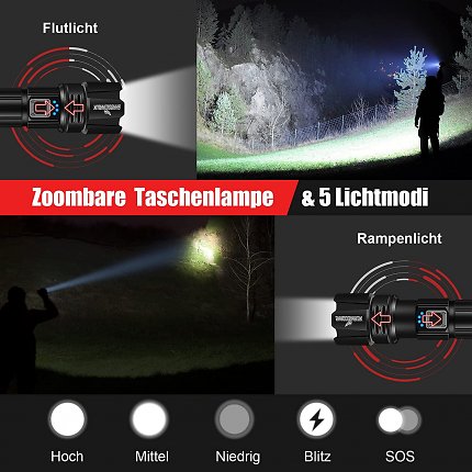 Mit ihrer Fokusfunktion und den fünf Lichtmodi ist die Taschenlampe für alle Einsatzzwecke geeignet.