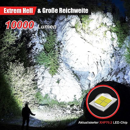 Die LED-Taschenlampe ist sehr hell und verfügt über eine besonders hohe Reichweite.