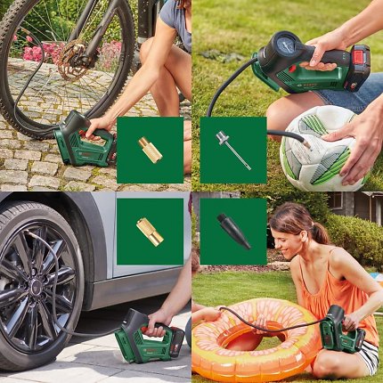 Bosch UniversalPump: Für jeden Einsatzzweck liegt der elektrischen Luftpumpe der passende Adapter bei.