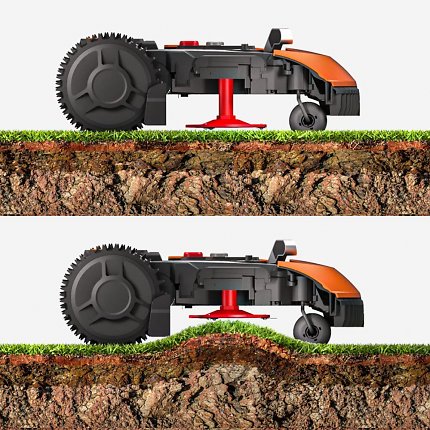 Der Worx Mähroboter Landroid Plus verfügt über ein schwimmendes Mähwerk, das sich automatisch an Bodenunebenheiten anpasst.