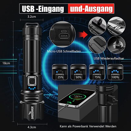 Die LED-Taschenlampe lässt sich dank USB-Ausgang auch als Powerbank nutzen.