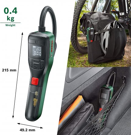 Die Bosch EasyPump ist leicht und kompakt, lässt sich somit problemlos in der Fahrradtasche oder im Auto verstauen.