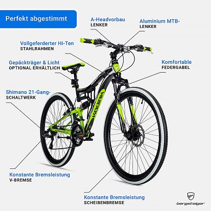 Trotz seines günstigen Preises bietet das Fahrrad des deutschen Herstellers Bergsteiger eine perfekt aufeinander abgestimmte Ausstattung, samt Vollfederung und Shimano-Schaltung.