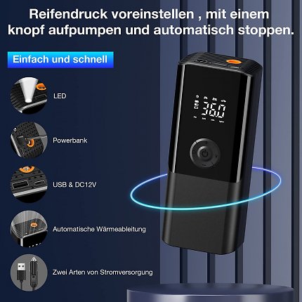 Der gewünschte Reifendruck lässt sich einstellen, die elektrische Luftpumpe stoppt rechtzeitig.