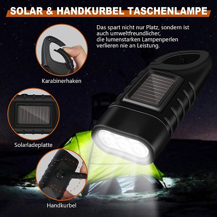 Sollte der Akku doch einmal leer sei, lässt sich die Taschenlampe über das integrierte Solarpanel oder die Handkurbel auch ohne Stromanschluss aufladen.