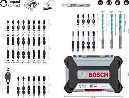 Das Bosch-Set enthält eine große Auswahl an Schrauberbits und Bohrer mit bis zu 8 mm Durchmesser.