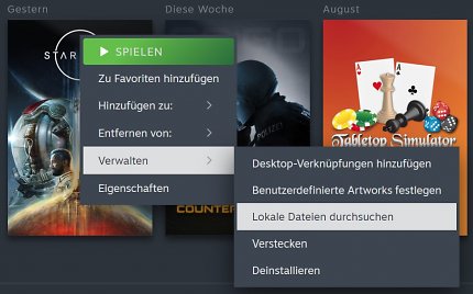 Unter Steam ist das Aufrufen des Hauptordners eines Spiels über das Kontextmenü innerhalb der Bibliothek schnell erledigt, unabhängig davon, auf welcher Festplatte Sie den Titel installiert haben.