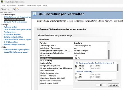 DLDSR (als verbesserte Variante von DSR) lässt eine höhere Auflösungsberechnung als nativ möglich zu, ohne manuell ein Profil einstellen zu müssen. Die Frequenz ist dabei auf den Monitor limitiert (120 Hz bleiben auch mit DLDSR möglich).