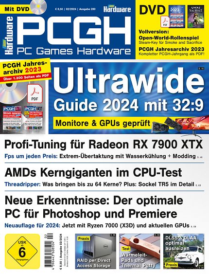 <strong>DVD-Cover </strong>der PCGH-Ausgabe 02/24. Auf der DVD finden Sie nicht nur weitergehendes Artikelmaterial, Tools und eine Steam-Vollversion (siehe unten), sondern auch das <strong>PCGH-Jahresarchiv 2023</strong> mit den Ausgaben 01/23 bis 12/23!