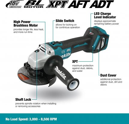 Die wichtigsten Features des Makita 18V Winkelschleifers DGA513 im Überblick.