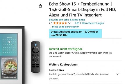 Bereits vor dem Start der Amazon Prime Deal Days ist der Echo Show 15 mit Alexa vergriffen.