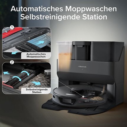 Der Wischmopp wird in der Station automatisch gereinigt und mit Heißluft getrocknet.