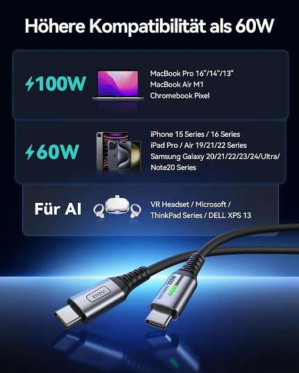 Mit dem USB-C-Kabel mit 100W lassen sich zahlreiche Geräte laden.