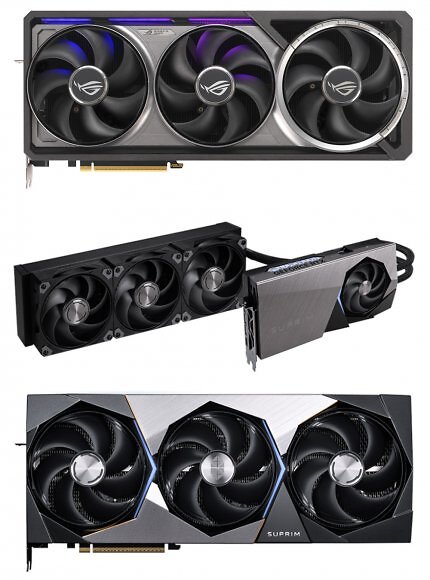 Von oben nach unten: Asus ROG Astral Geforce RTX 5090, MSI Geforce RTX 5090 Suprim Liquid SOC und MSI Geforce RTX 5090 Suprim SOC.