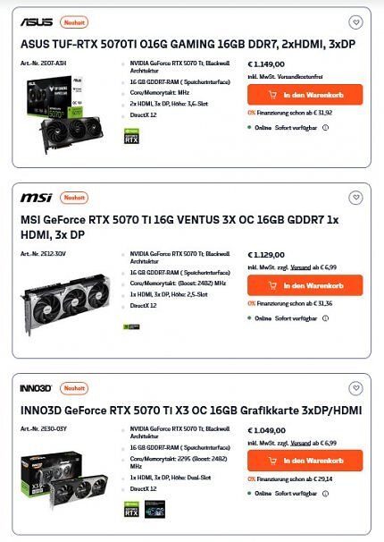Wer eine Geforce RTX 5070 Ti, 5080 oder 5090 kaufen möchte, hat auch bei normalen Shops Gelegenheit dazu, sollte die Augen aber offenhalten.