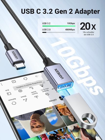 Mit dem Adapterkabel von Ugreen kann man USB-Sticks und externe Festplatten mit einem Smartphone verbinden, obwohl es nur USB-C nutzt. Dazu setzt der Adapter auf eine USB-A-Buchse anstelle des bei Ladekabeln üblichen Steckers. Kurz ist der Adapter reduziert.