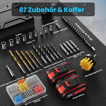 Für unter 40€ bekommt man nicht nur einen 20V-Akku-Bohrschrauber mit Akkus und Ladegerät, sondern auch ein 87-teiliges Zubehörset im Koffer.
