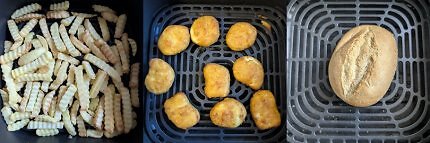 Pomme, Chicken-Nuggets und Brötchen in einer Heißluftfritteuse.