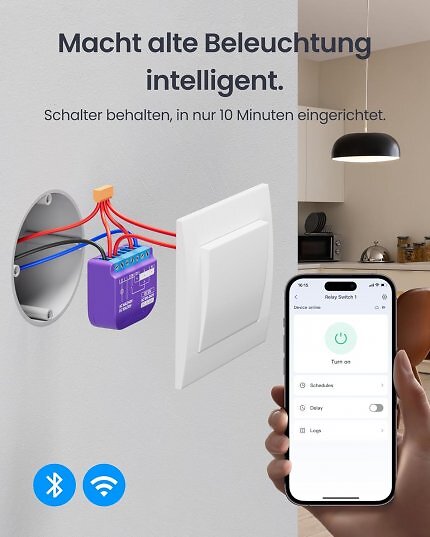 Der SwitchBot ist ein smartes Relais zum Einbau hinter Schaltern, Steckdosen und Lampengehäuse. Dergestallt lassen sich praktisch alle Geräte mit Alexa, Google Home und Matter nachrüsten.