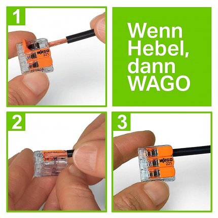 Wer sich einen SwitchBot als smartes Relais einbaut, wird möglicherweise die Verdrahtung durch den Elektriker anpassen müssen. Dazu bieten sich die Wago Klemmen mit Hebel für starre und flexible Leiter an.