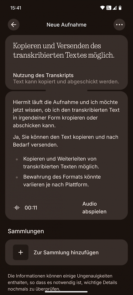 Per Sprache aufgenommener Text wird sauber transskribiert und Fragen sogar direkt von der KI beantwortet.