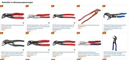 Knipex steht mit seiner Wasserpumpenzange Cobra, dem Zangenschlüssel und dem Alligator auf den Plätze 1 bis 3 der Verkaufscharts.