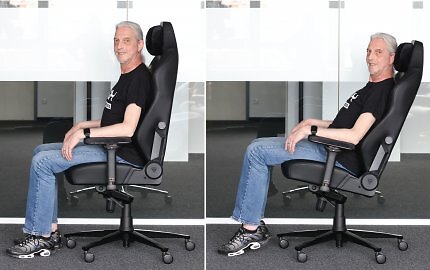 Eine Asynchronmechanik mit Frog-Tilt-Mechanismus eignet sich grundsätzlich auch für das dynamische Sitzen. Da der Winkel zwischen Sitzfläche und Lehne allerdings immer gleich bleibt, werden beim Wippen die Beine stark angehoben.