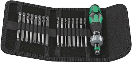 Das Wera Kraftform Kompakt 60 ist ein Werkzeug-Set mit langen Bits (Torx, PZ uvm.) und einem Ratschenschraubendreher