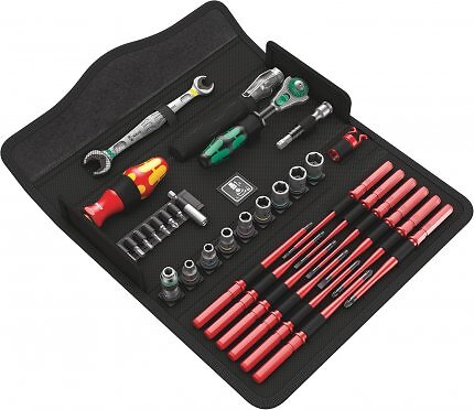 Das Wera Kraftform Kompakt W1 Wartung ist ein Set mit Zyklop-Ratsche, Joker-Maulschlüssel und VDE-Bits.