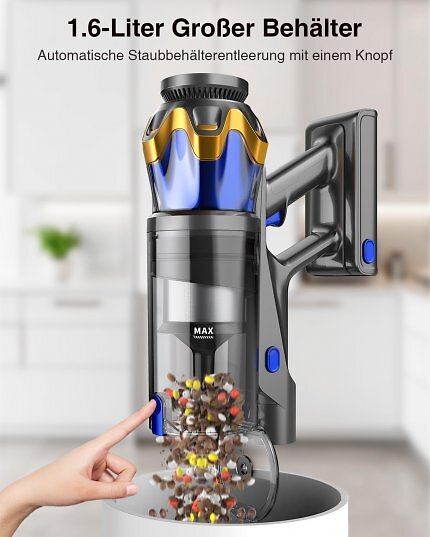 Der große Staubbehälter lässt sich per Knopfdruck entleeren.