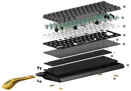 <strong>Aufbau der Wooting 60HE+ im Detail: </strong><br>Tastenkappen <strong>(1)</strong>, Lekker Switch <strong>(2)</strong>, SGCC-Schalterhalteplatte aus Stahl <strong>(3)</strong>, 4 mm Poron-Schaumstoffschicht <strong>(4)</strong>, verzinkte Schrauben <strong>(5)</strong>, spritzwassergeschützte Leiterplatte [PBC] <strong>(6)</strong>, EPDM-Schaumgummi <strong>(7)</strong>, Tray-Mount-Gehäuse aus ABS <strong>(8)</strong>, Pad-Füße (Gaskets) aus Silikon <strong>(9)</strong>.