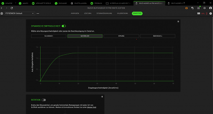 Razers-Synapse-4-Software ist ein mächtiges Werkzeug für die MCU-gesteuerte Abtastoptimierung. Neu sind die Optionen für die Dynamische Empfindlichkeit und Rotation. Mit denen passen Sie die Razer Deathadder V4 Pro an Ihre individuellen Anforderungen an.