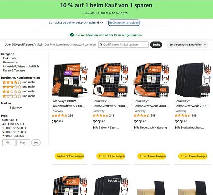 Verschiedene Balkonkraftwerke von Solarway sind bei Amazon im Zuge einer Aktion reduziert. Sets mit bifazialen Modulen von 800 bis 2.000 Watt sind dabei.