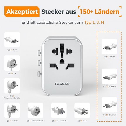 Steckertypen, die der Tessan 633FC Reiseadapter unterstützt.