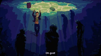 Videospielscreenshot: Pixelart Mann, der an einen Stein gefesselt ins Wasser geworfen wurde