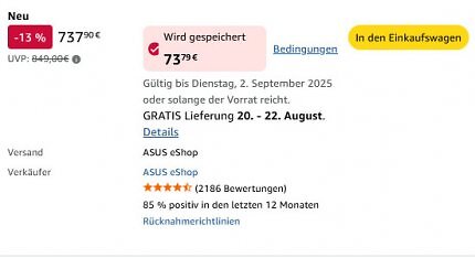 Die Asus Prime Radeon X 9070 XT OC ist mittels verstecktem Rabatt billiger als bei Amazon, wenn man unter die anderen Anbieter geht.