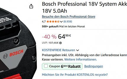 Werkzeuge und 18V-Akkus von Bosch Professional sind bei Amazon unter Vergleichspreis im Angebpt.