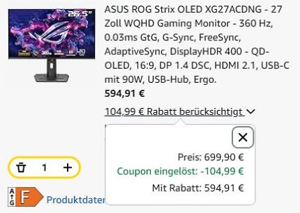 Nach Verrechnung des Gutscheins zahlt man nur noch 594,91 Euro für den Asus-Monitor.