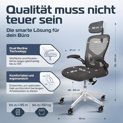 Der Clouvou SmartSeat ist ein ergonomischer Bürostuhl, der sich als Alternative zum Gaming-Stuhl präsentiert. Er eignet sich für Personen bis 150 kg und einer Körpergröße bis 1,95 Metern.