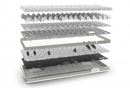 Das Gasket-Mount-System der NZXT Function Elite MiniTKL besteht aus Gummidichtungen zwischen der mit Klebeband verstärkten Leiterplatte (PCB) und der Halteplatte für die Schalter.