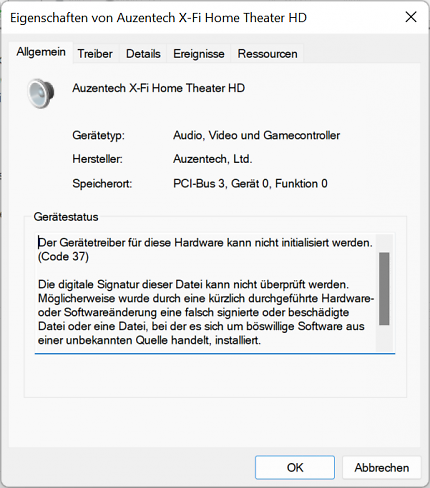 Der unsignierte Treiber einer älteren Auzentech-X-Fi-Karte lässt sich unter Secure Boot nicht mehr laden.