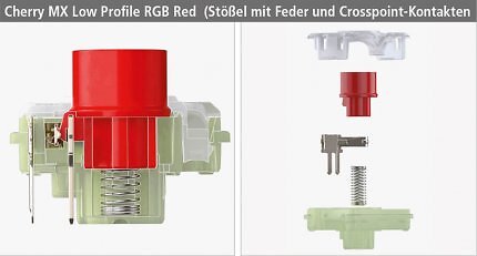 Der Cherry MX RGB Low Profile Red ist ein flotter Switch mit Low-Profile-Bauweise und einem auf 3,2 mm verkürzten Hubweg. Beim Ultra Low Profile Switch verkürzt Cherry den Hubweg sogar auf 1,8 mm.