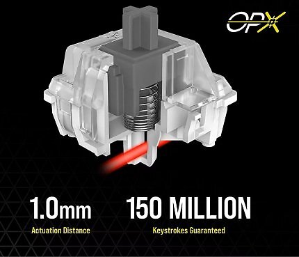 Corsairs linearer OPX-Schalter löst nach 1 mm bei 45 cN aus, weist einen Gesamthub von 3,2 mm auf und verwendet ein transparentes Gehäuse zur besseren Lichtverteilung.