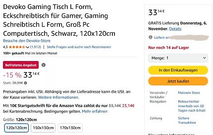 Der Gaming-Tisch in L-Formvon Devoka kostet keine 34 Euro.