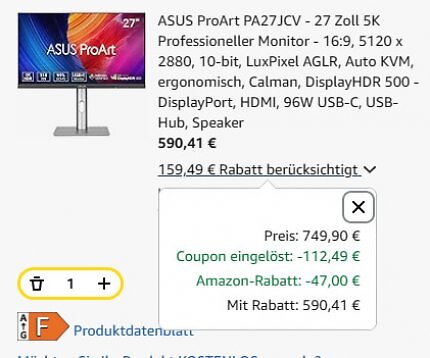 Dank Gutschein der günstigste 5K-Monitor auf dem Markt: Asus Pro Art PA27JCV für 590,41 Euro